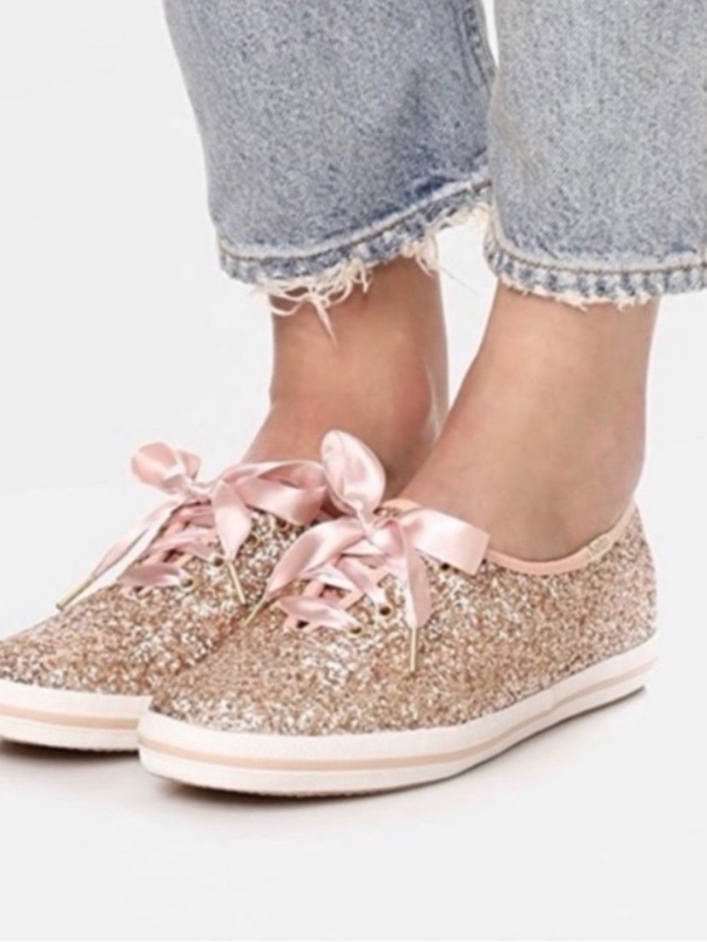Kate Spade x Keds Glitter Ribbon Lace-Up Sneakers - Rose Gold - Pink 8.5